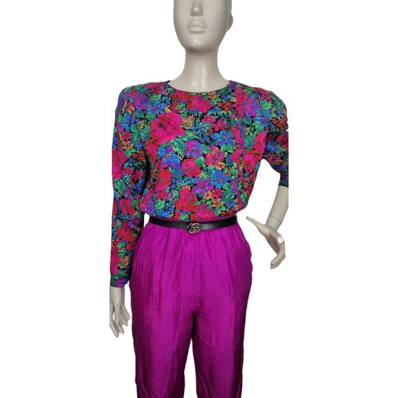 Saks Fifth Avenue Vintage 80s 100% Silk Floral High Shoulder Button-Down Blouse - Picture 3 of 11